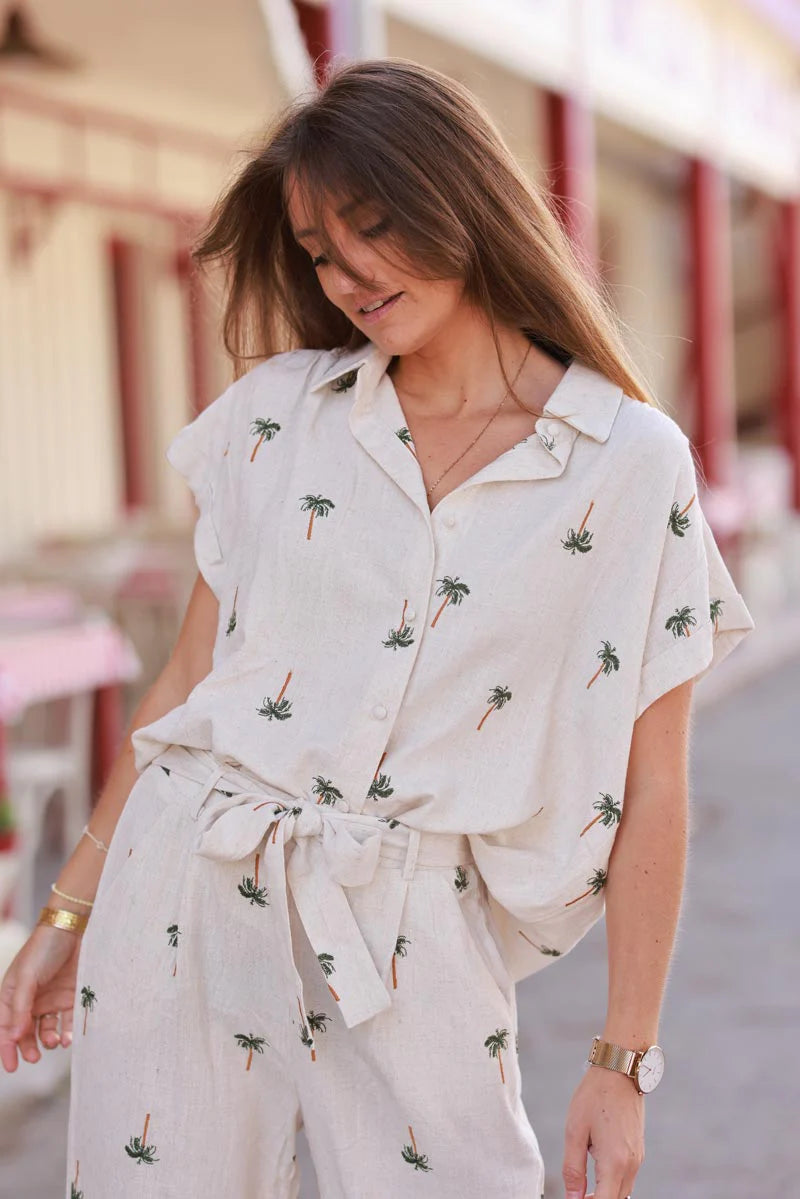 Beige Linen Embroidered Palms Shirt