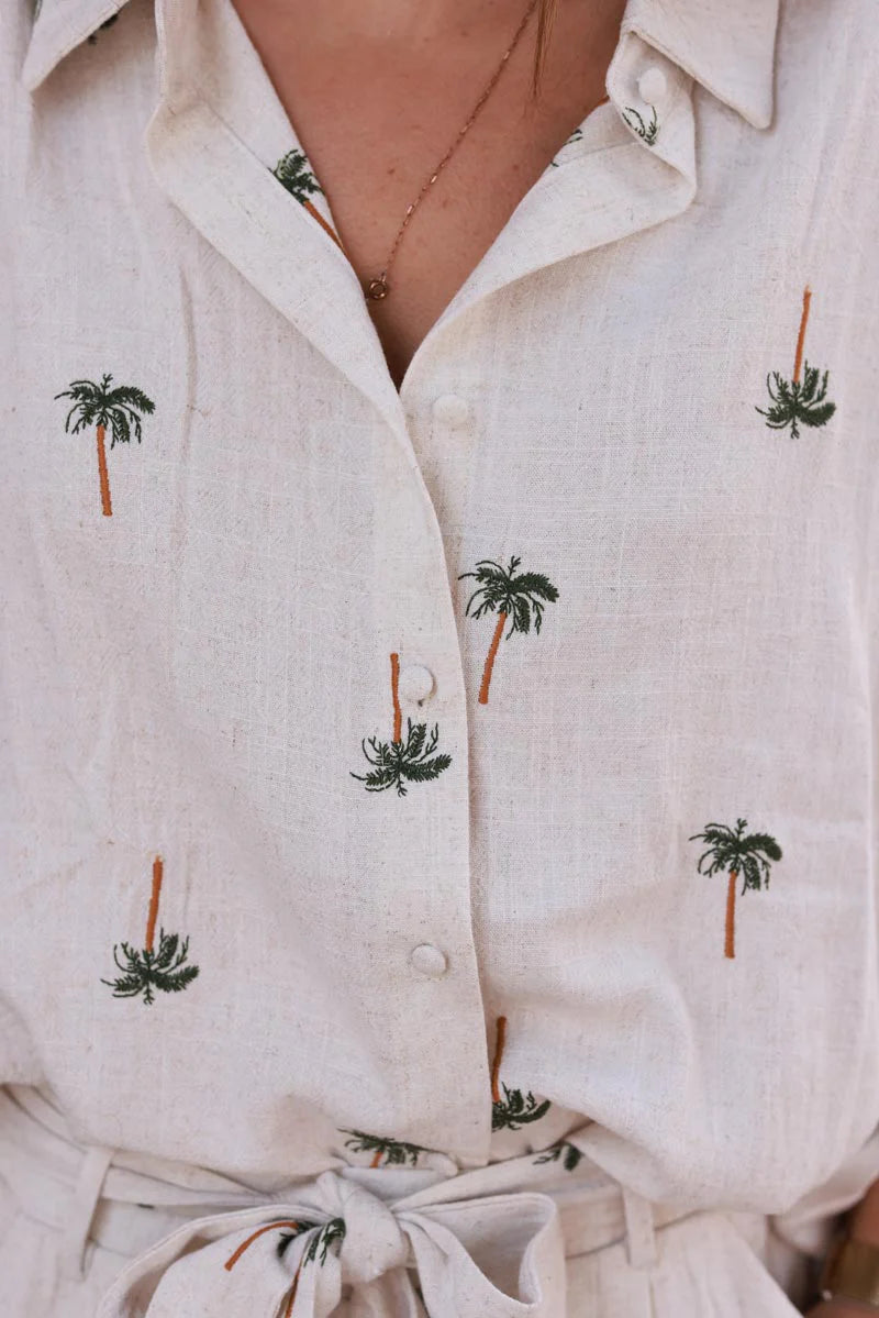 Beige Linen Embroidered Palms Shirt