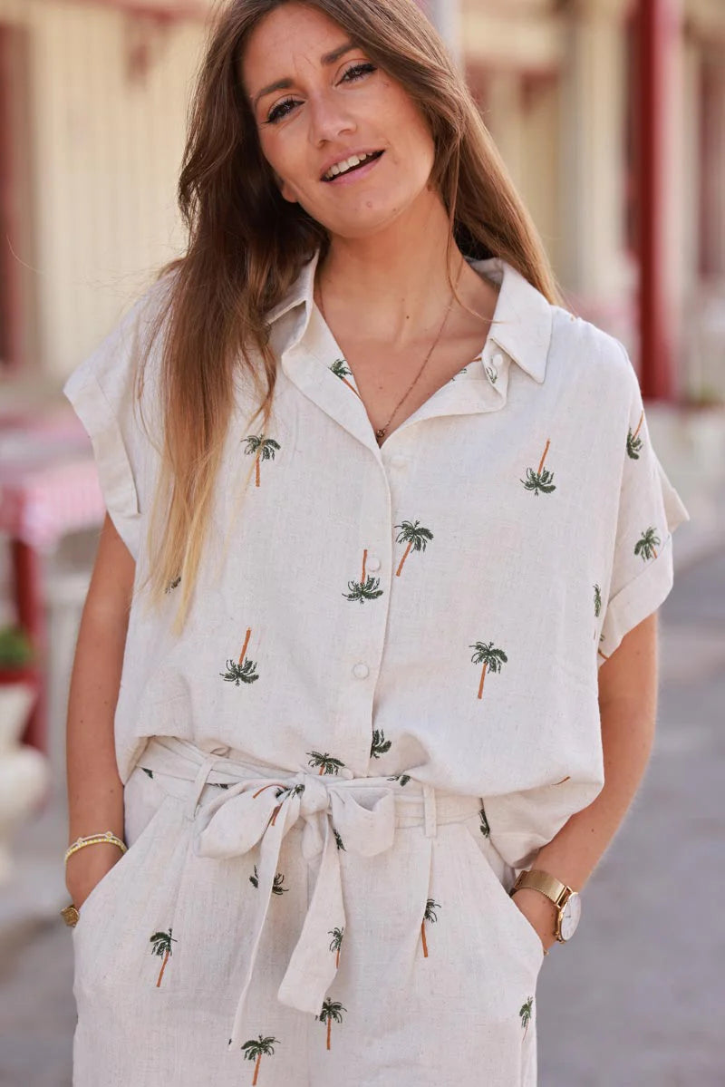 Beige Linen Embroidered Palms Shirt