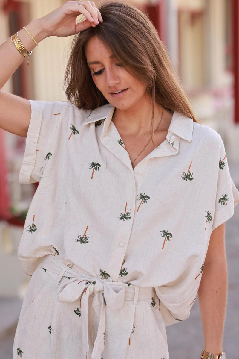 Beige Linen Embroidered Palms Shirt