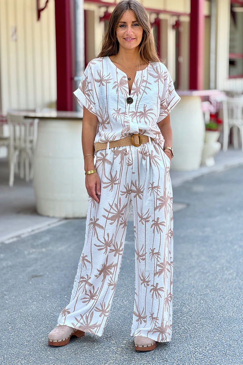 Beige Palm Belted Palazzo Pants