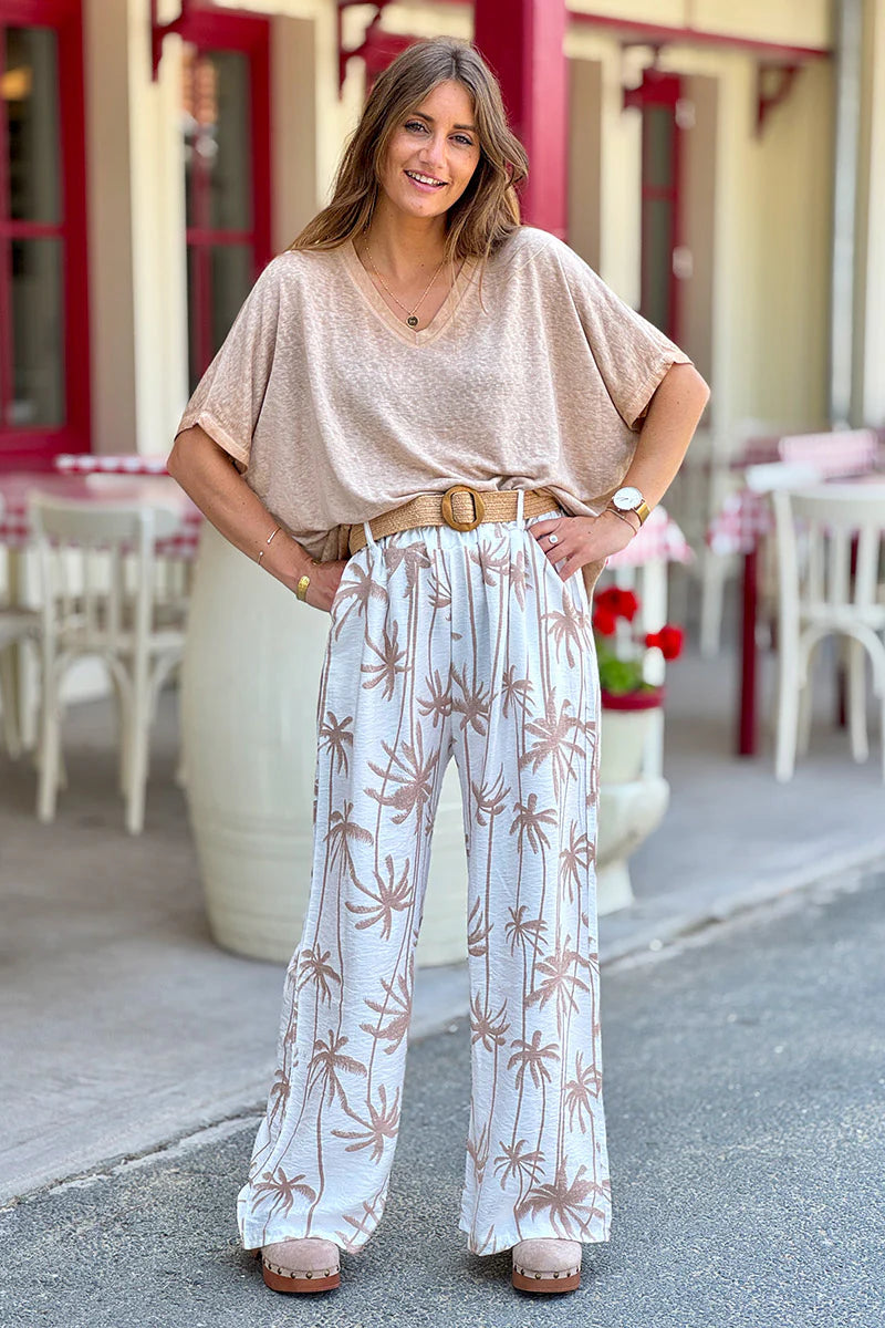 Beige Palm Belted Palazzo Pants