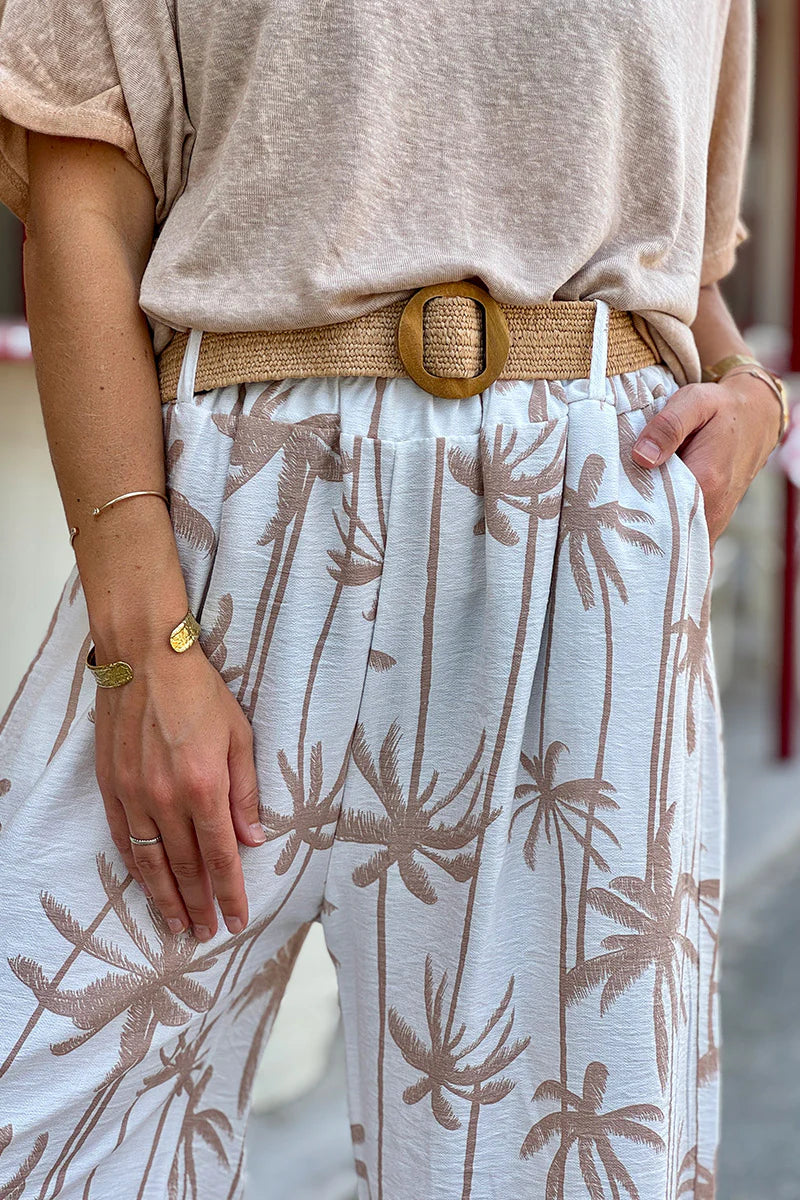 Beige Palm Belted Palazzo Pants