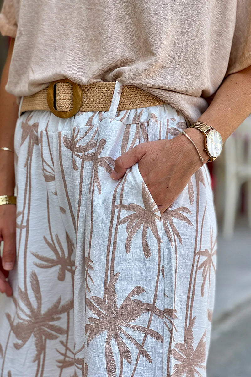 Beige Palm Belted Palazzo Pants