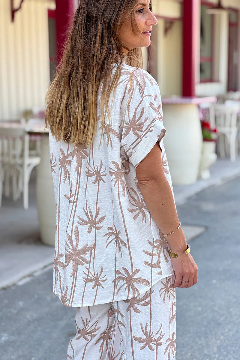 Beige Palm Decorative Button Blouse