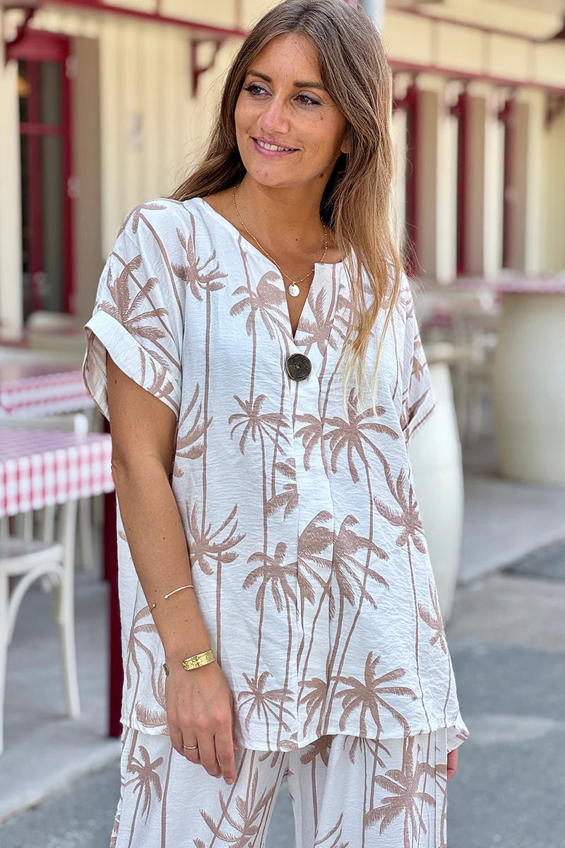 Beige Palm Decorative Button Blouse