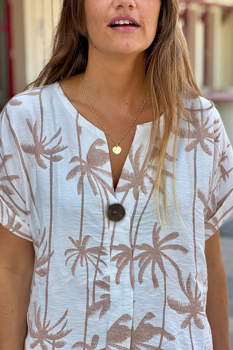 Beige Palm Decorative Button Blouse