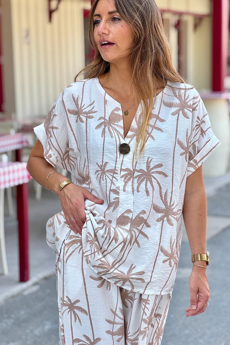 Beige Palm Decorative Button Blouse