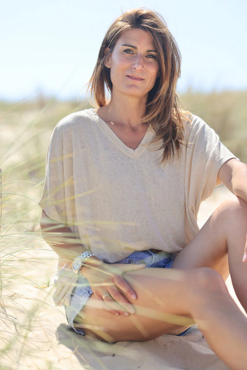 Beige Relaxed Fit Batwing Super Soft T-shirt