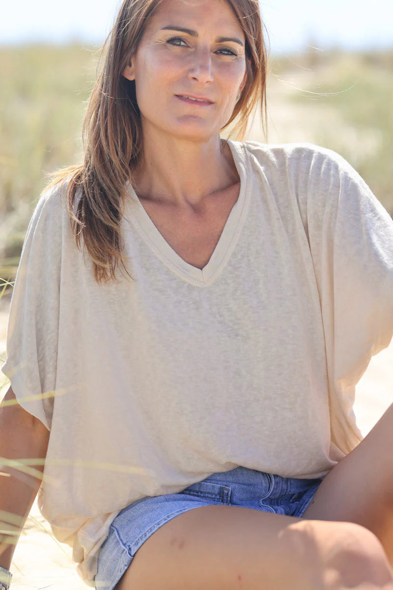 Beige Relaxed Fit Batwing Super Soft T-shirt