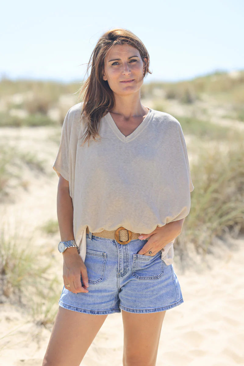 Beige Relaxed Fit Batwing Super Soft T-shirt