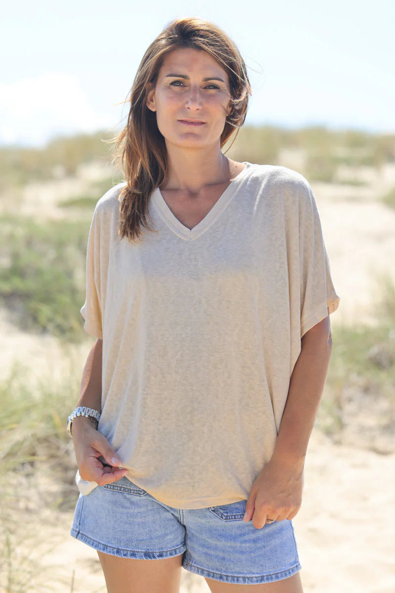 Beige Relaxed Fit Batwing Super Soft T-shirt