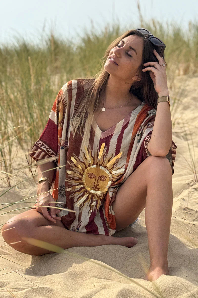 Beige Rising Suns Striped Glitter Knit Top