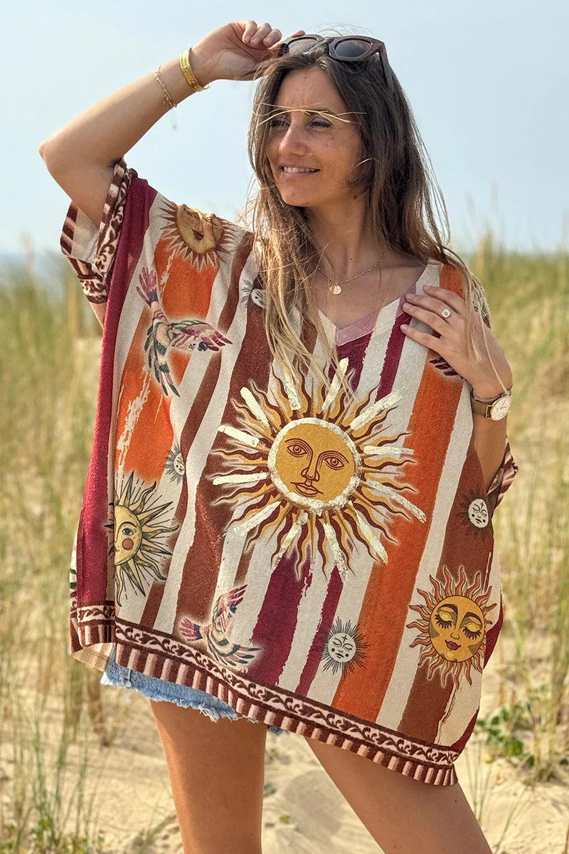 Beige Rising Suns Striped Glitter Knit Top