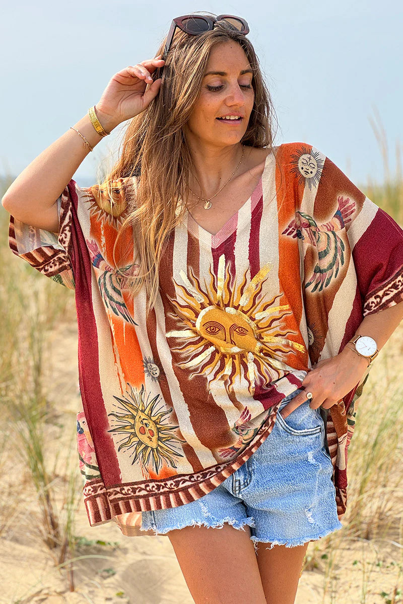 Beige Rising Suns Striped Glitter Knit Top