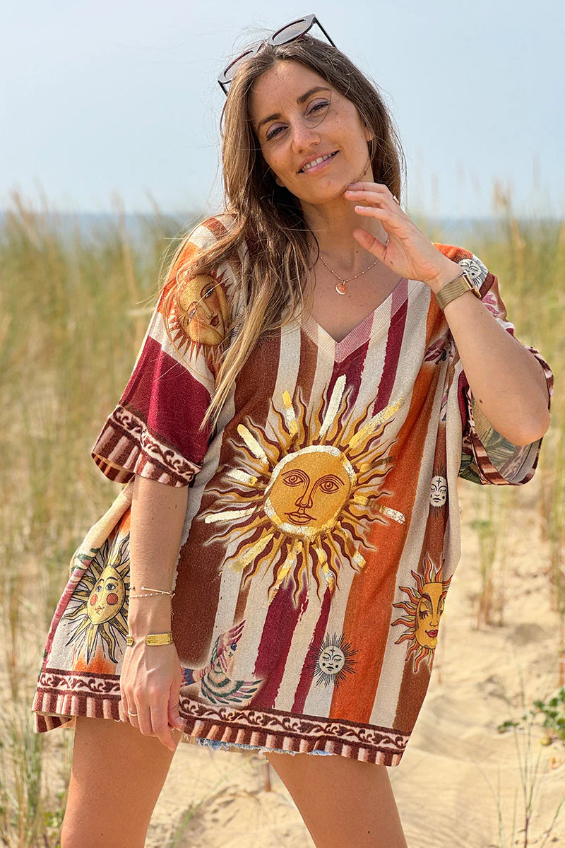 Beige Rising Suns Striped Glitter Knit Top