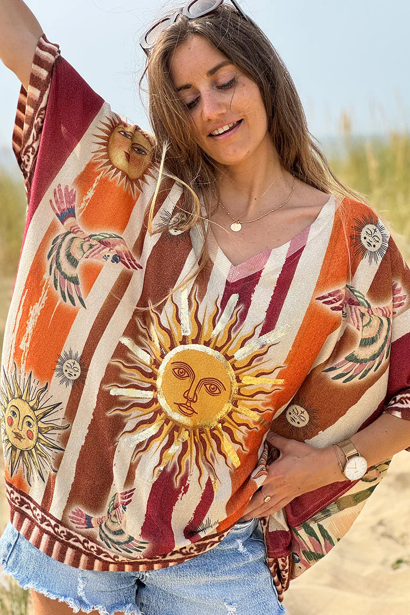 Beige Rising Suns Striped Glitter Knit Top