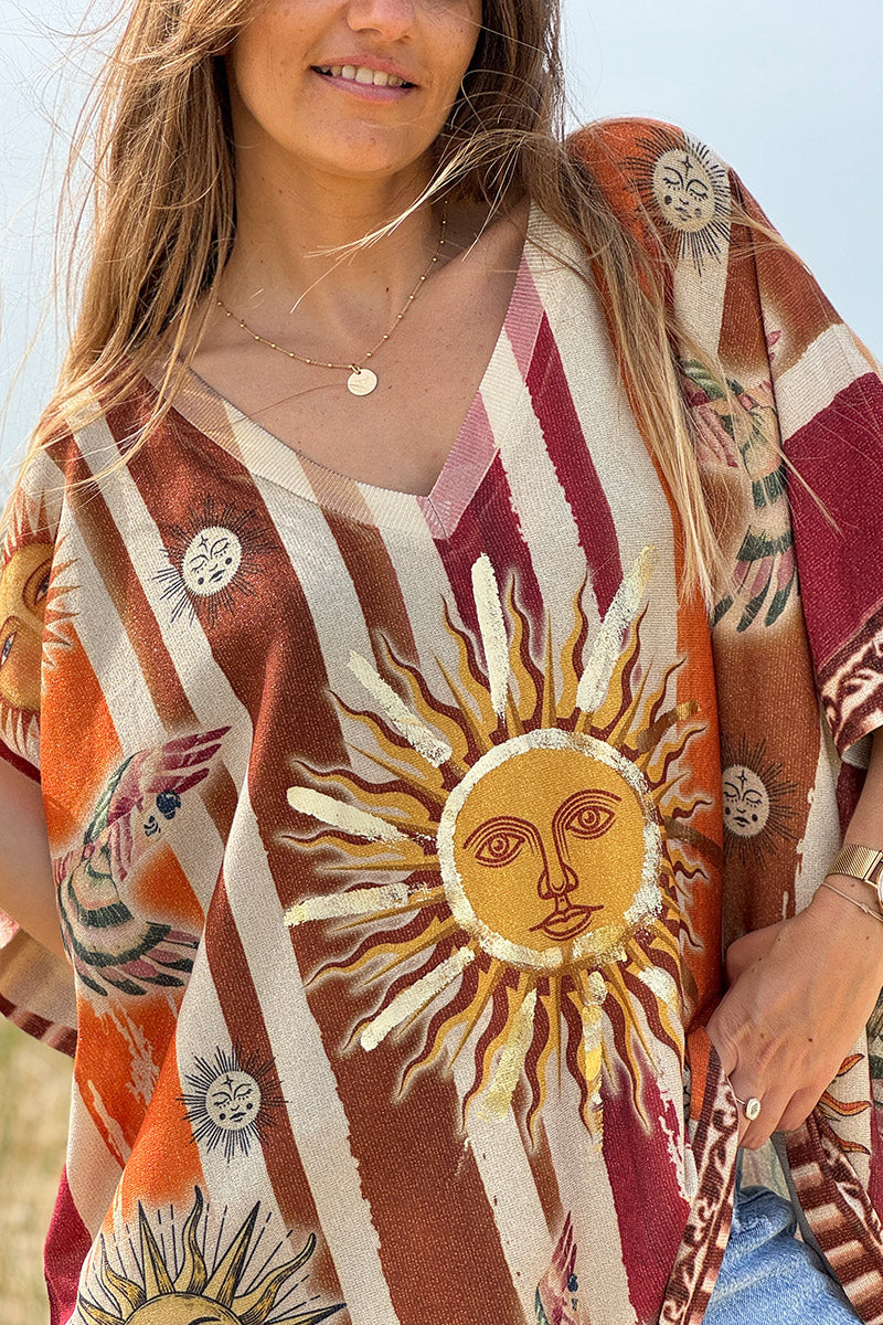 Beige Rising Suns Striped Glitter Knit Top