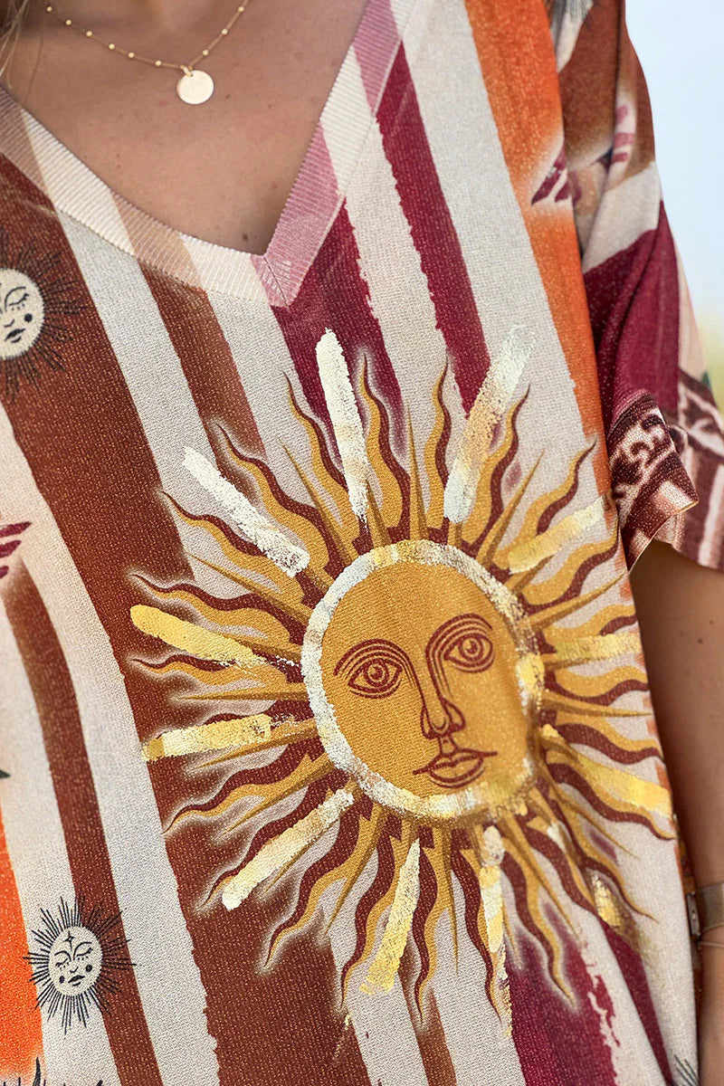 Beige Rising Suns Striped Glitter Knit Top