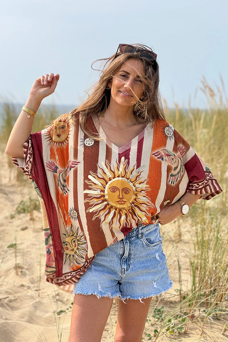 Beige Rising Suns Striped Glitter Knit Top