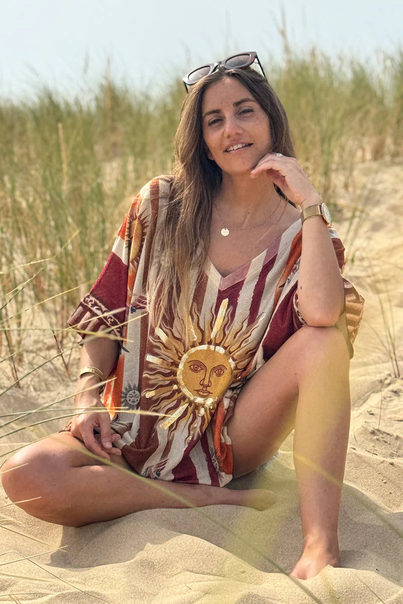Beige Rising Suns Striped Glitter Knit Top