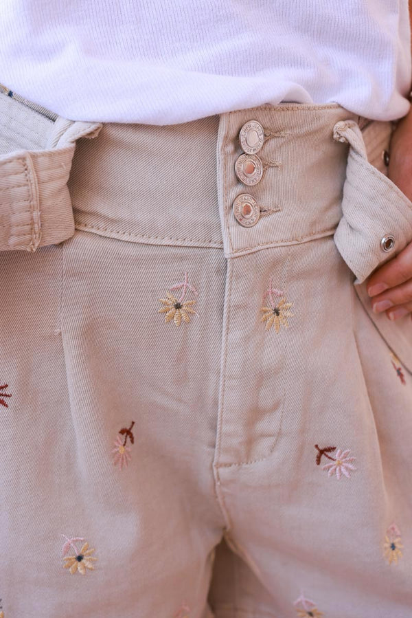 Beige Embroidered Floral Belted Shorts