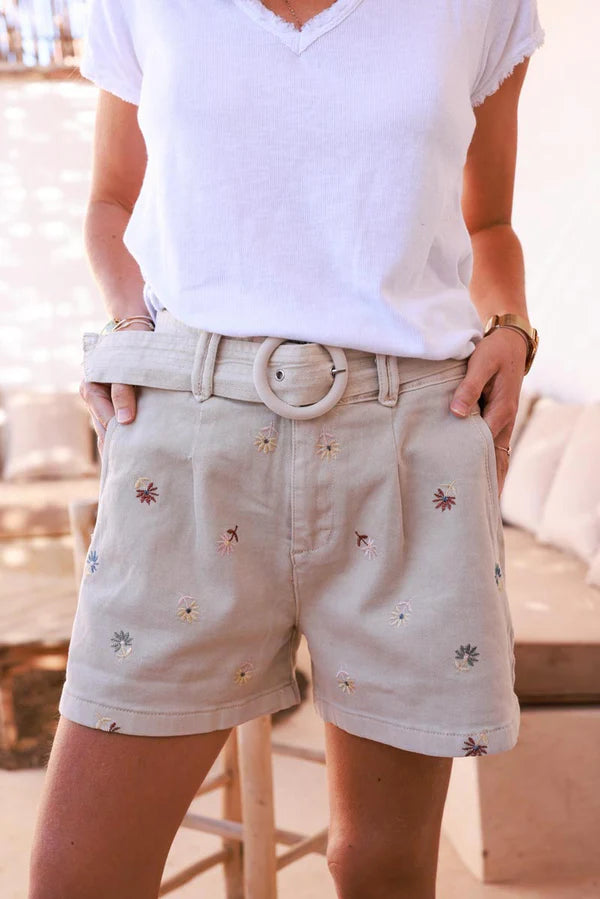 Beige Embroidered Floral Belted Shorts