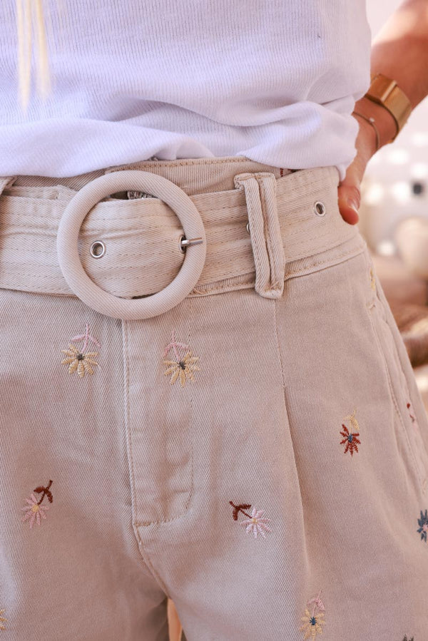 Beige Embroidered Floral Belted Shorts