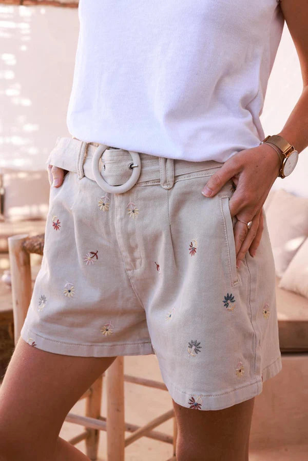 Beige Embroidered Floral Belted Shorts