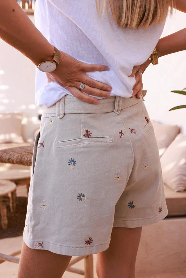 Beige Embroidered Floral Belted Shorts