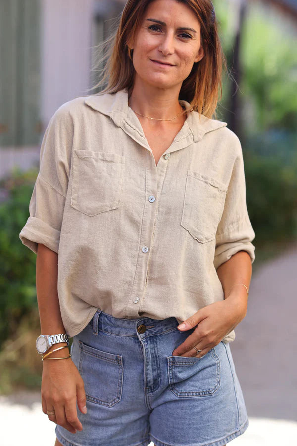 Beige soft cotton blouse with 3/4 sleeves and large pockets