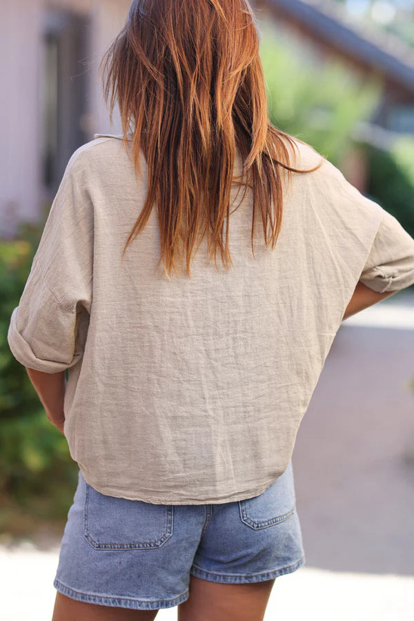 Beige soft cotton blouse with 3/4 sleeves and large pockets