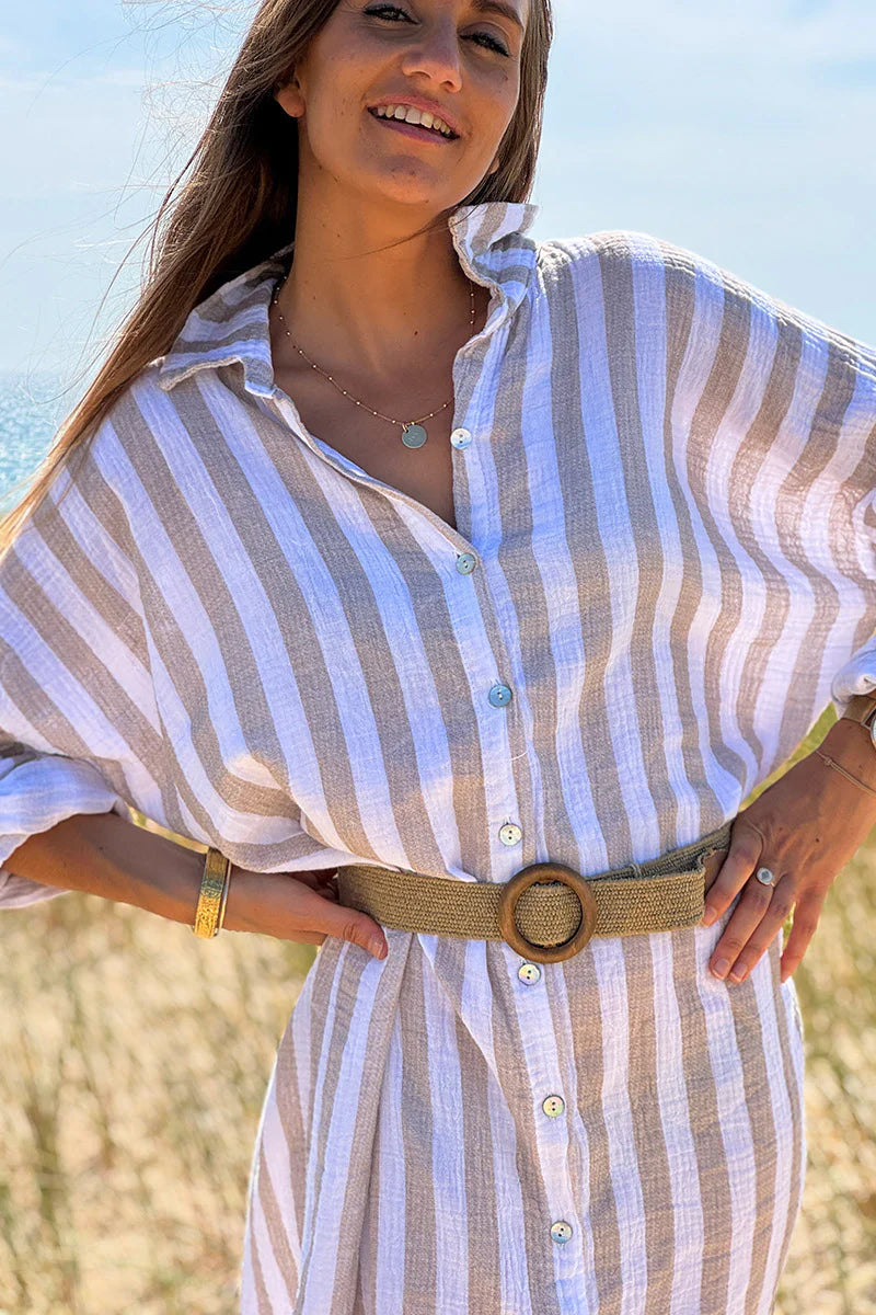 Beige Stripe Gauze Shirt Dress