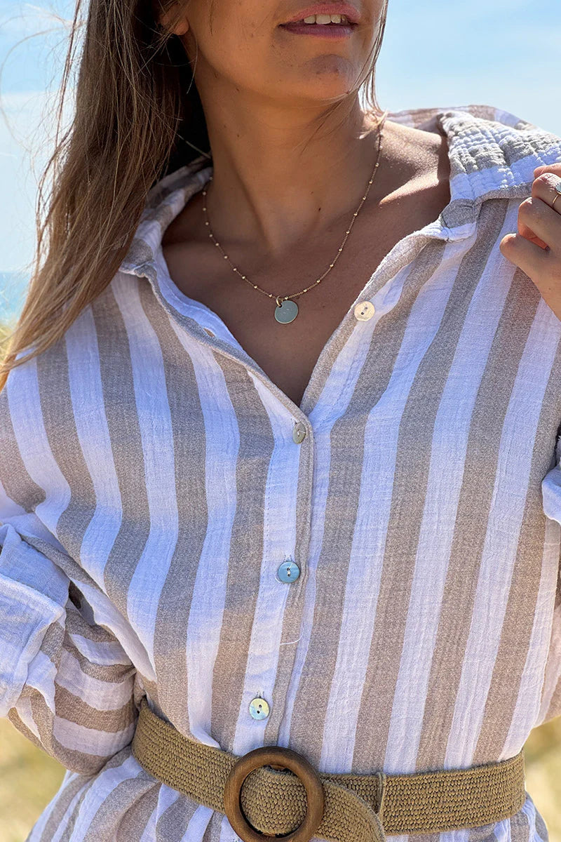 Beige Stripe Gauze Shirt Dress