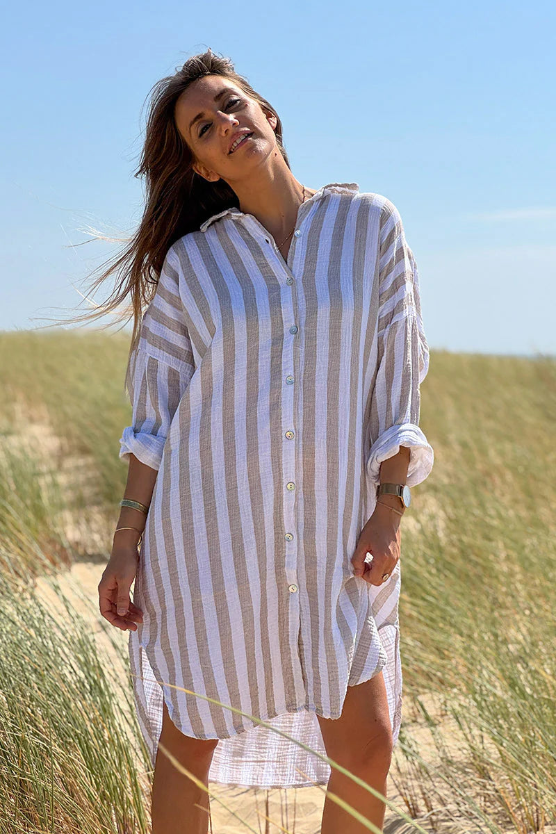 Beige Stripe Gauze Shirt Dress