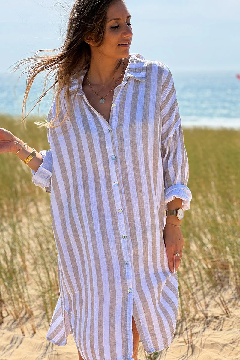 Beige Stripe Gauze Shirt Dress