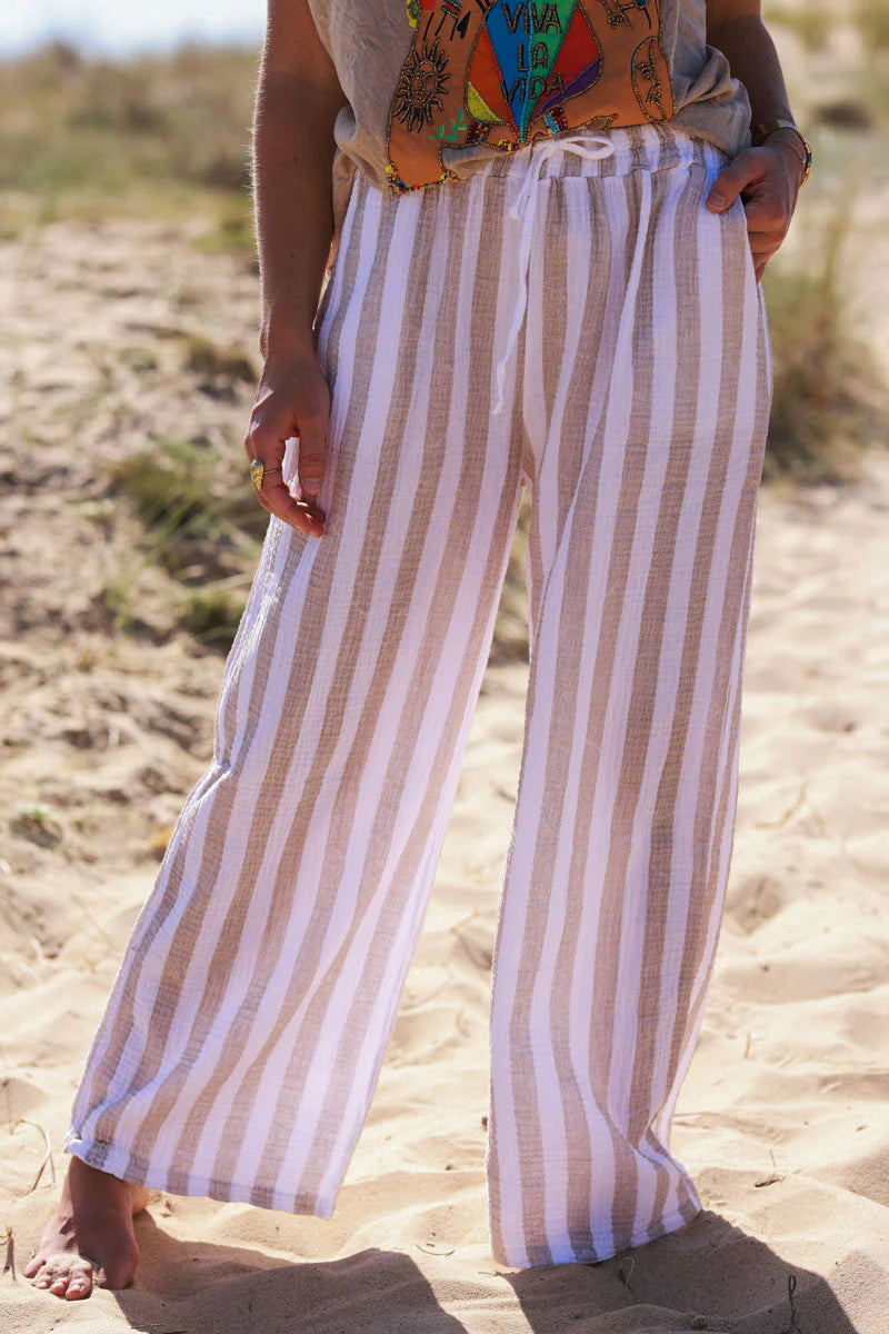 Beige Striped Gauze Casual Pants