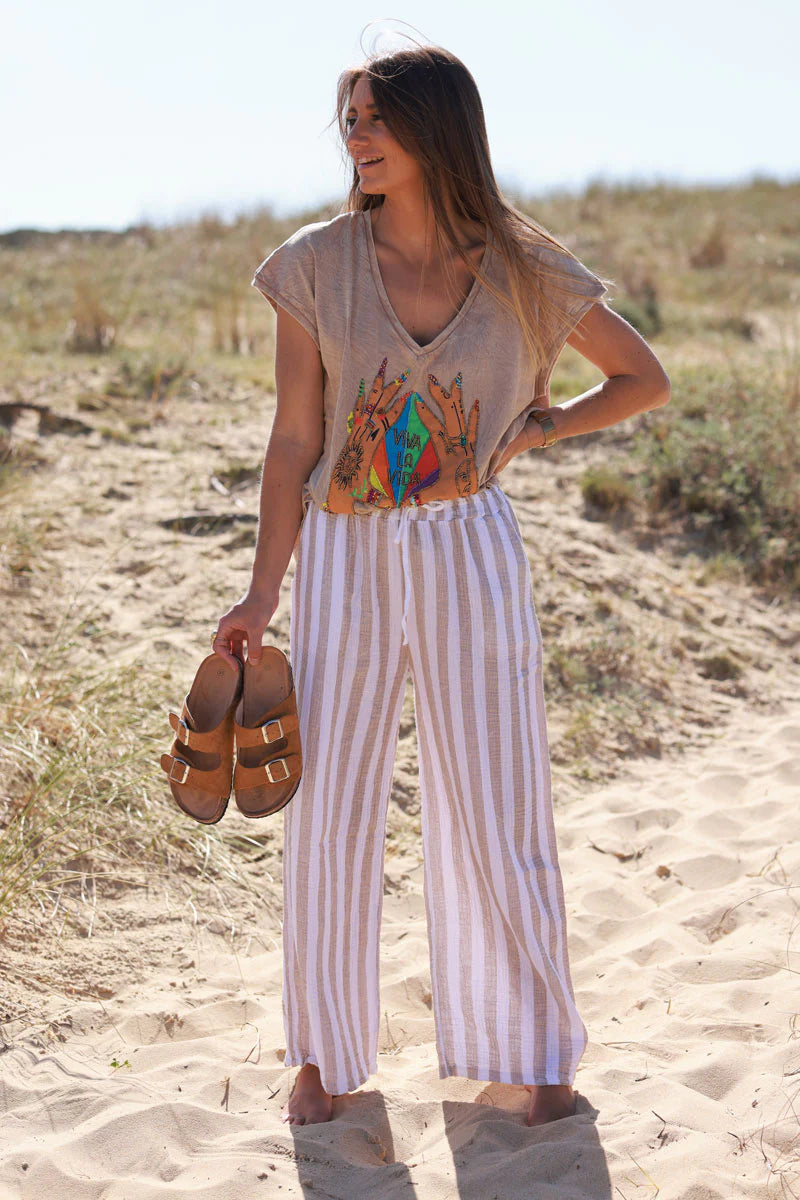 Beige Striped Gauze Casual Pants