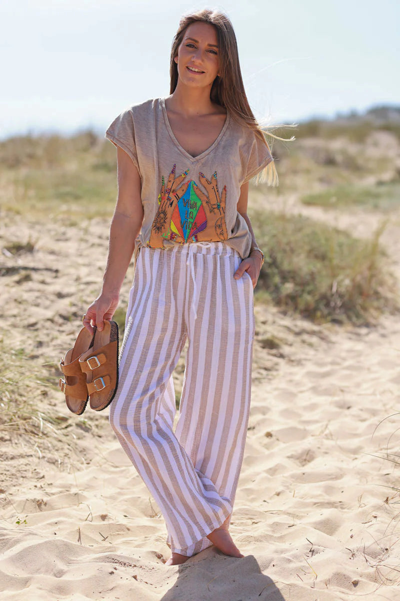 Beige Striped Gauze Casual Pants