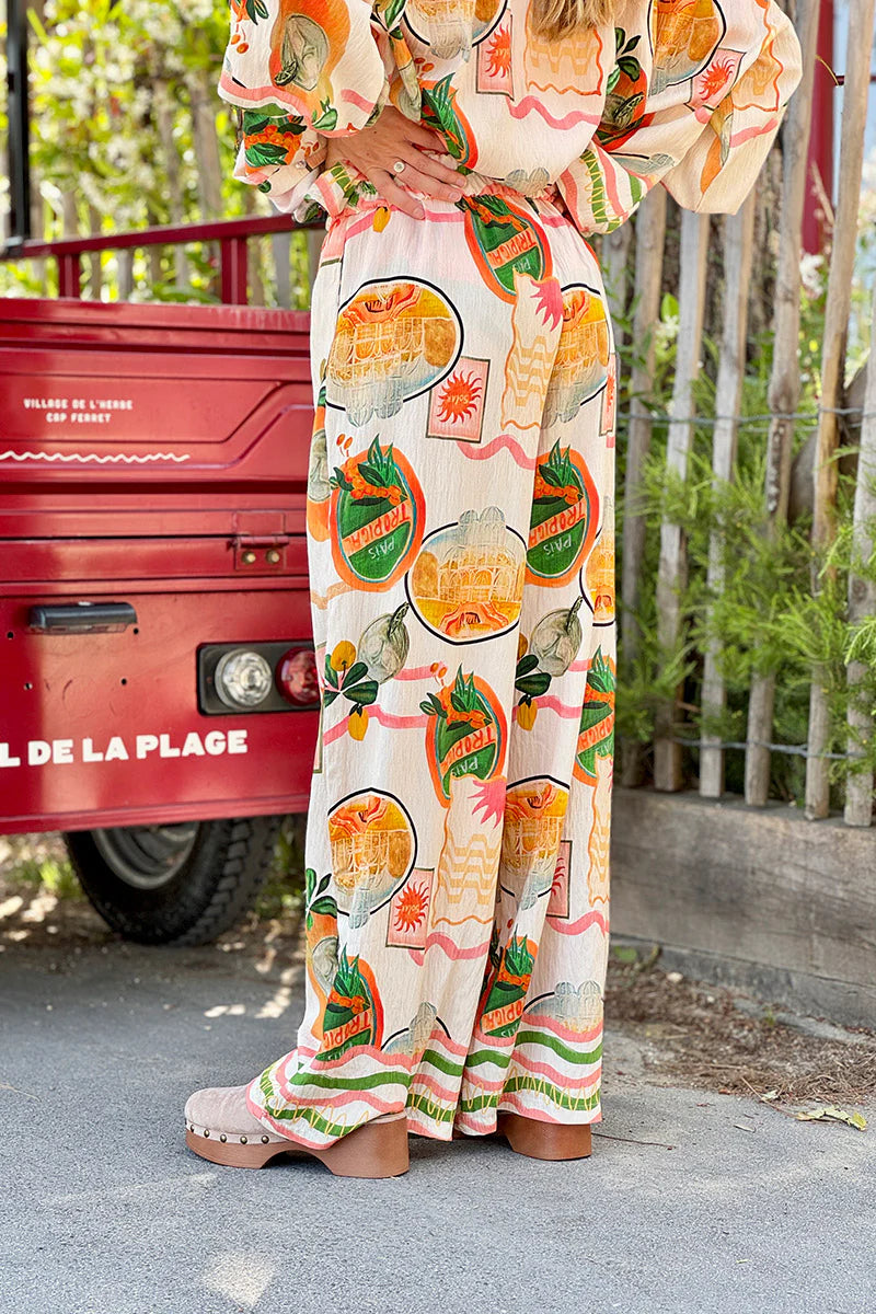 Beige Tropical Vintage Pull-On Pants