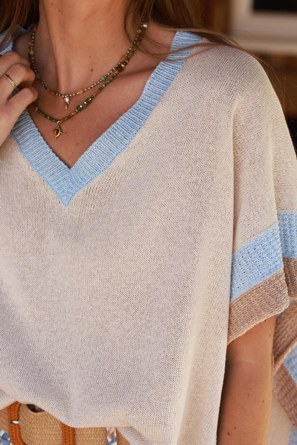 Beige V-Neck Knit Poncho