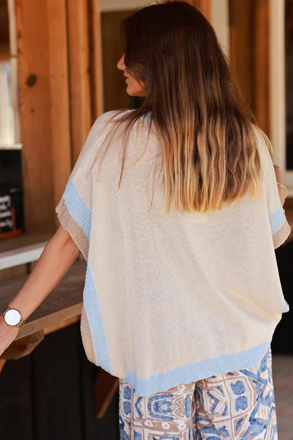Beige V-Neck Knit Poncho