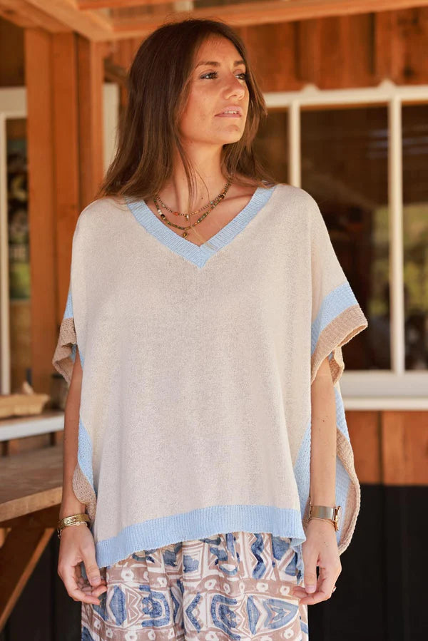Beige V-Neck Knit Poncho
