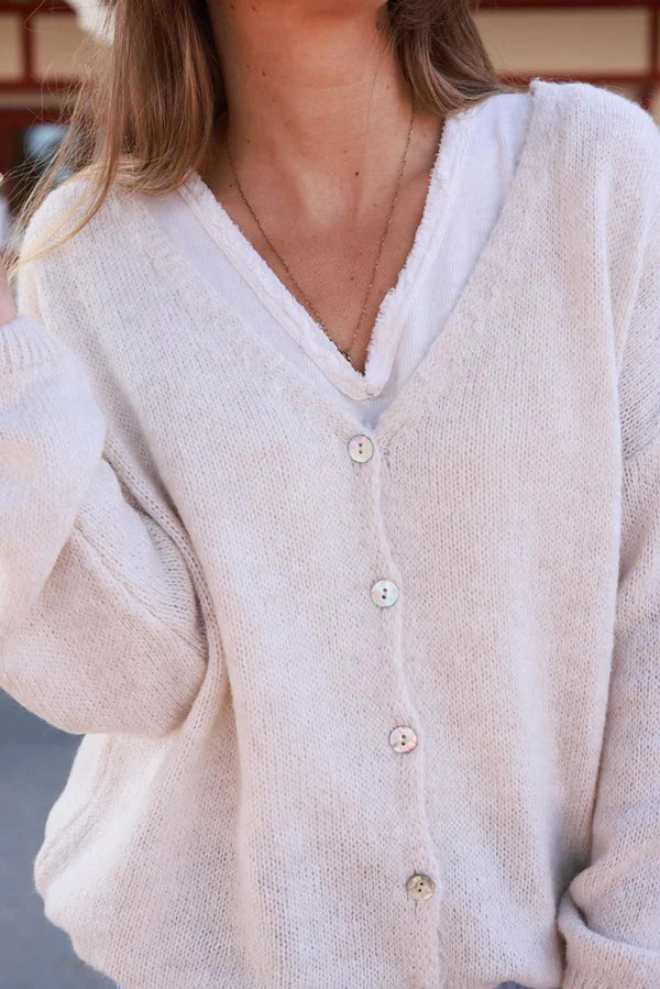 Beige Wool Blend V-Neck Knit Cardigan