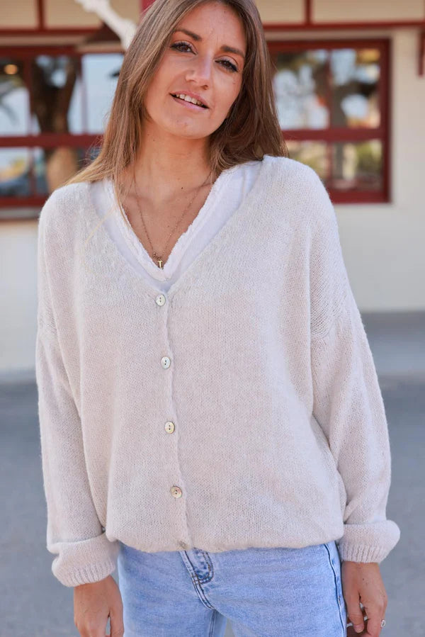 Beige Wool Blend V-Neck Knit Cardigan