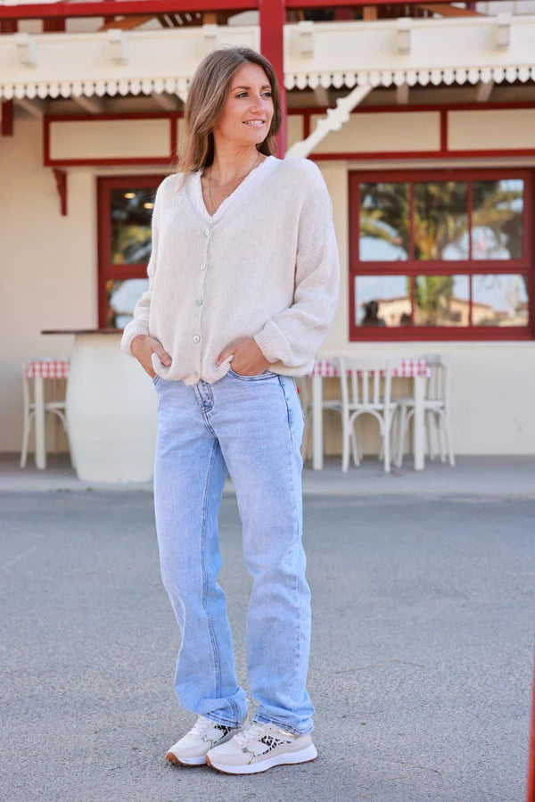 Beige Wool Blend V-Neck Knit Cardigan