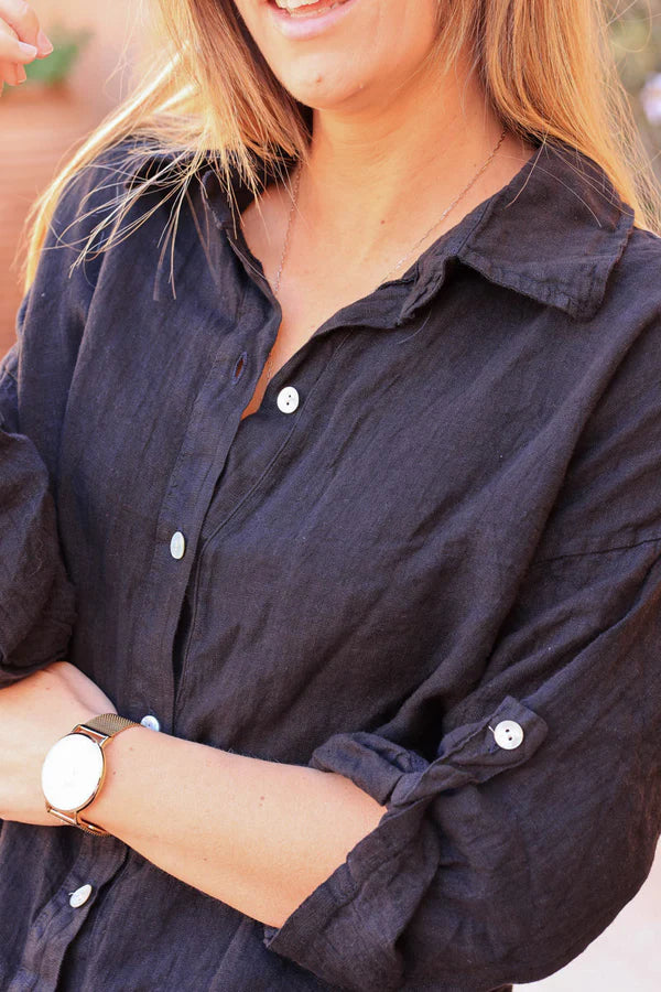 Black 3/4 length sleeve longline linen Button-Down Shirt