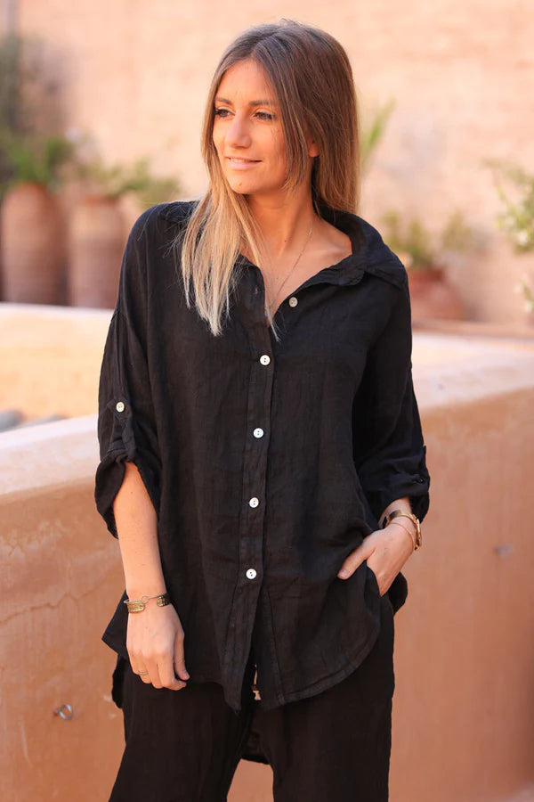 Black 3/4 length sleeve longline linen Button-Down Shirt