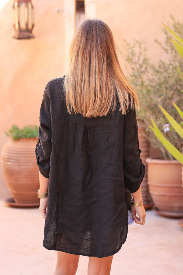 Black 3/4 length sleeve longline linen Button-Down Shirt