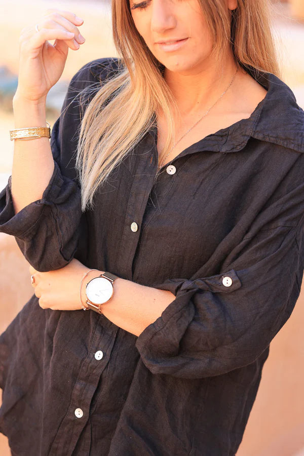 Black 3/4 length sleeve longline linen Button-Down Shirt